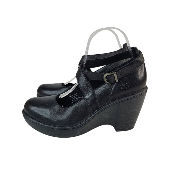 Born Black Leather Mary Jane Cross Strap Wedges Women's Size 7.5 - Picture 1 of 14